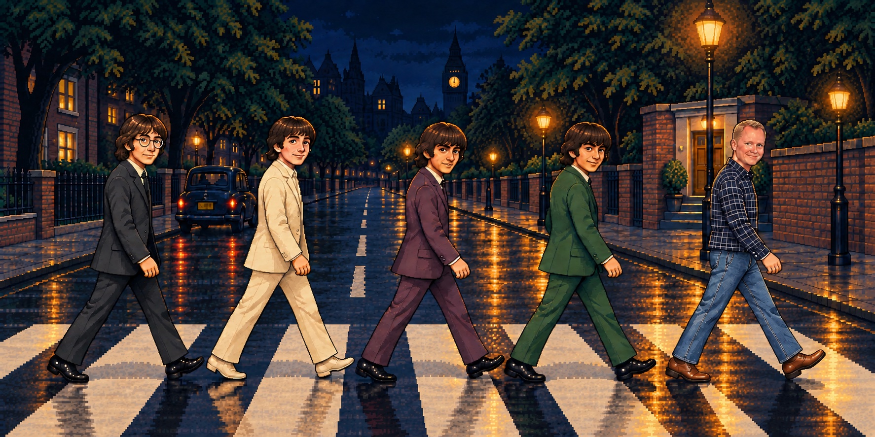 Björn går längst fram över övergångsstället med fyra Beatles-inspirerade figurer bakom sig.